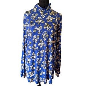 Susan Graver Weekend Blue Floral Mock Neck Pullover Top XL Ruched Long Sleeve